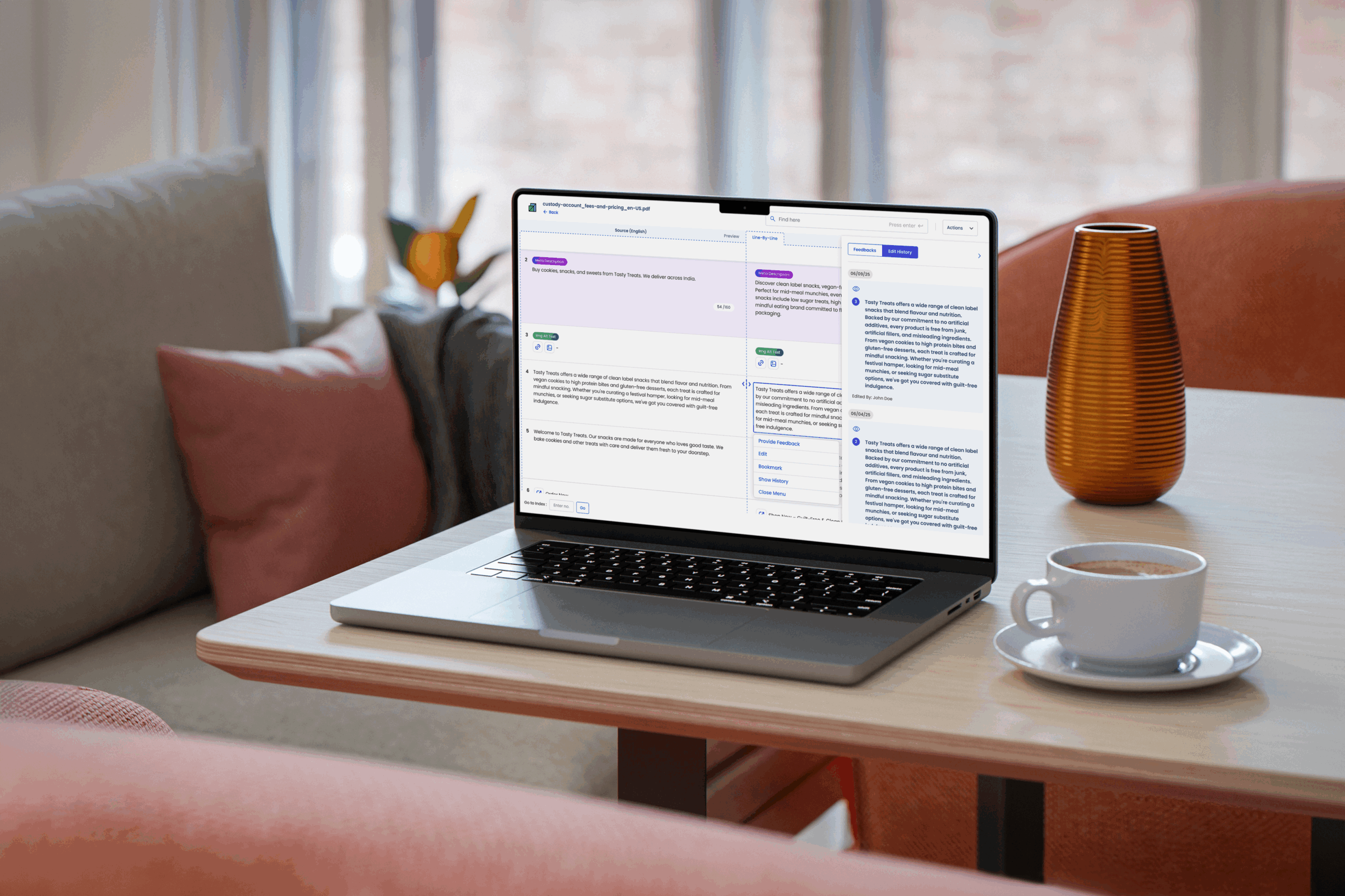 Laptop displaying a marketing or content management dashboard on a table