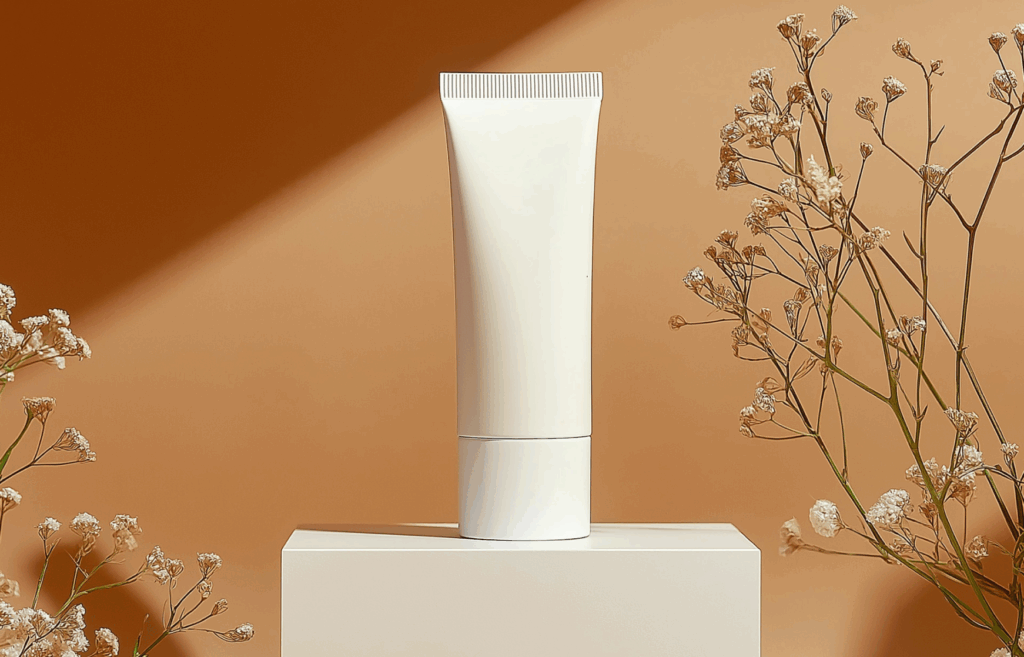 Cosmetic product displayed as hero image on a pedestal