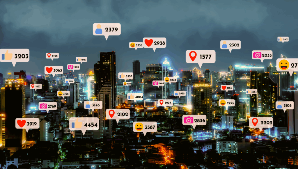 City skyline with social media engagement icons overlay