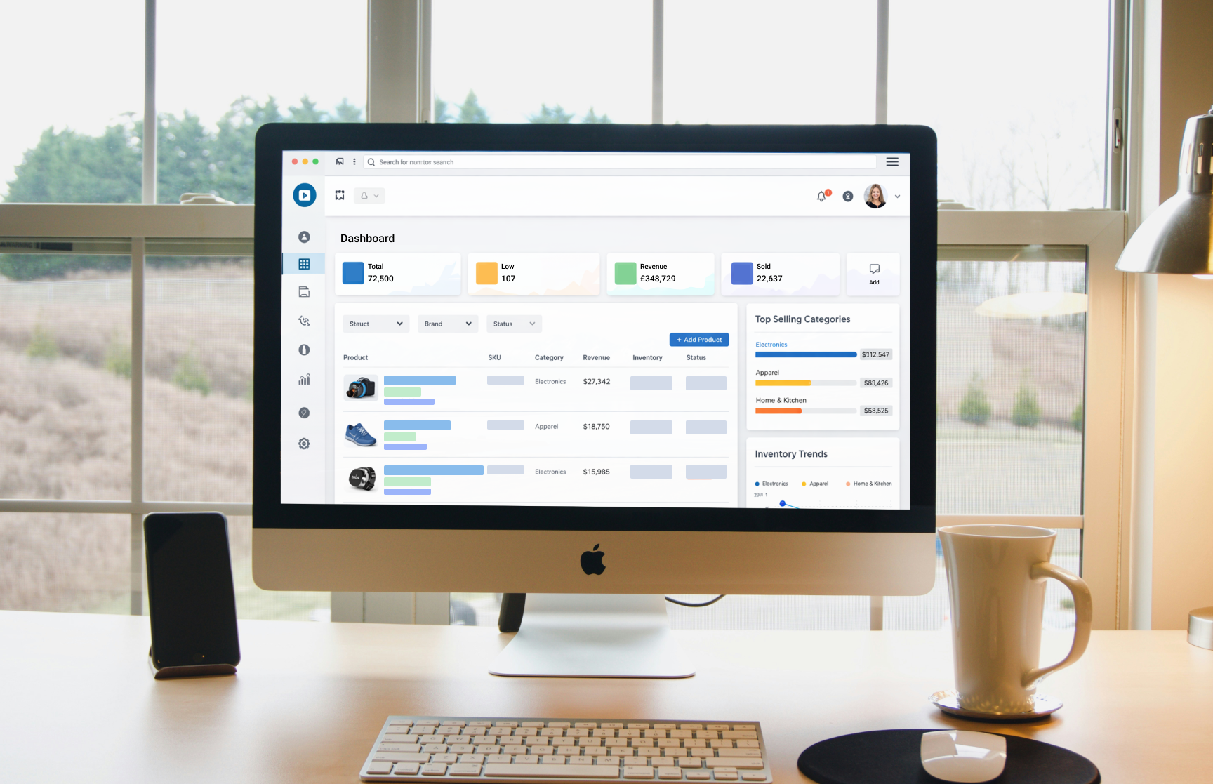 Desktop computer displaying an e-commerce product feed and performance dashboard